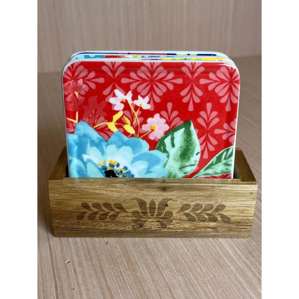 The Pioneer Woman Floral Ceramic Coaster Set of 4 with Engraved Wood Holder Boho